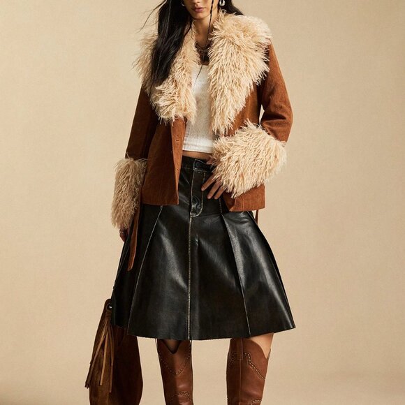 Brown Casual Women's Regular Fit Corduroy Patchwork Jacket - Picture 3 of 8